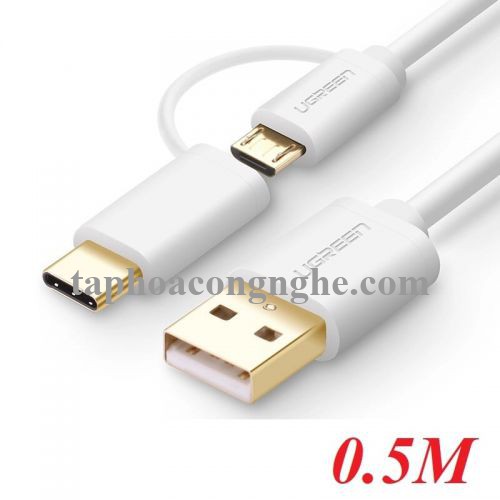 Ugreen 30170 0.5M màu trắng Cáp USB-A sang Micro USB + USB-C cao cấp US142 30030170